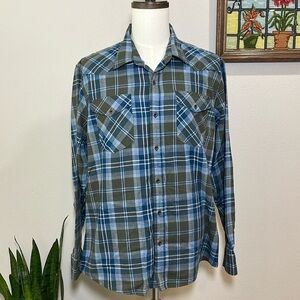 Wrangler Western Flannel Blue Green White Button Up Shirt X-LARGE